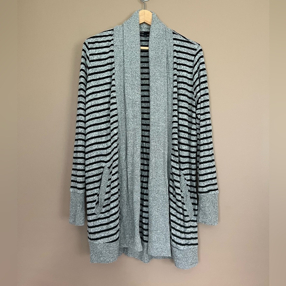 {Gibson} Striped Cardigan Sweater Longer Length in Grey & Black - Womens XS